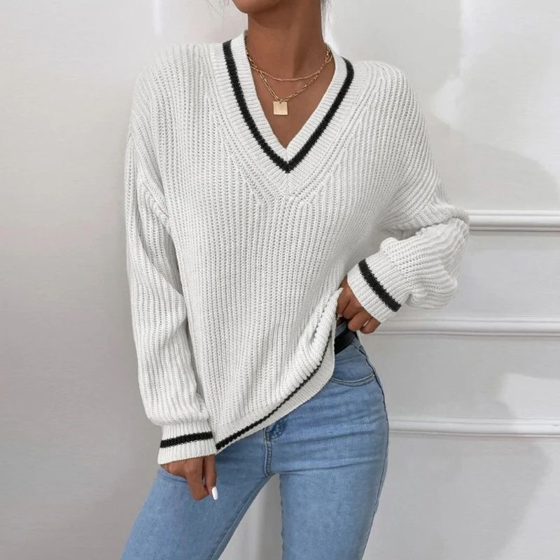 

Soft Warm Sweaters Autumn Winter Fashion V-neck White Pullovers Women Knitwear Long Sleeve Bottoming Tops Loose Clothes 28224