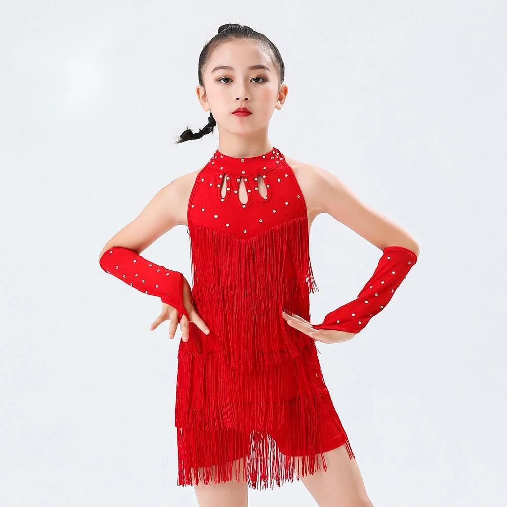 Kids Latin Dance Costume Sequin Fringe Dress for Girls - Professional Salsa Bachata Ballroom Tango Competition Wear