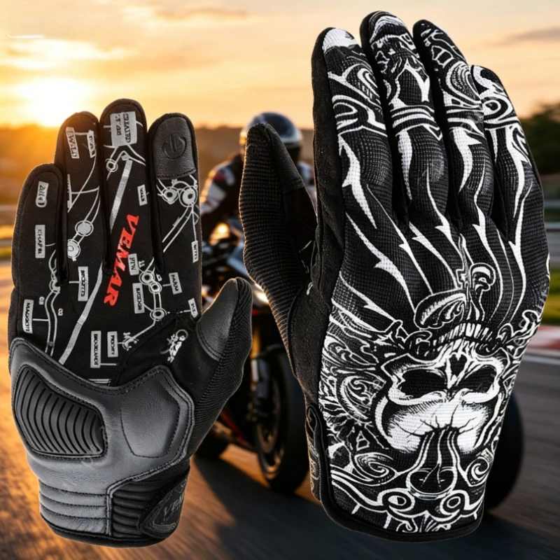 

2026 New Vintage Skull Motorcycle Gloves Men Touch Screen Summer Breathable Motorbike Motocross MTB Cycling Retro Riding Gloves
