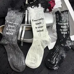 Unique Ripped Hollow Socks Womne Letter Personality Mid-Calf Socks Stripe Hosiery Punk Tube Sock Winter