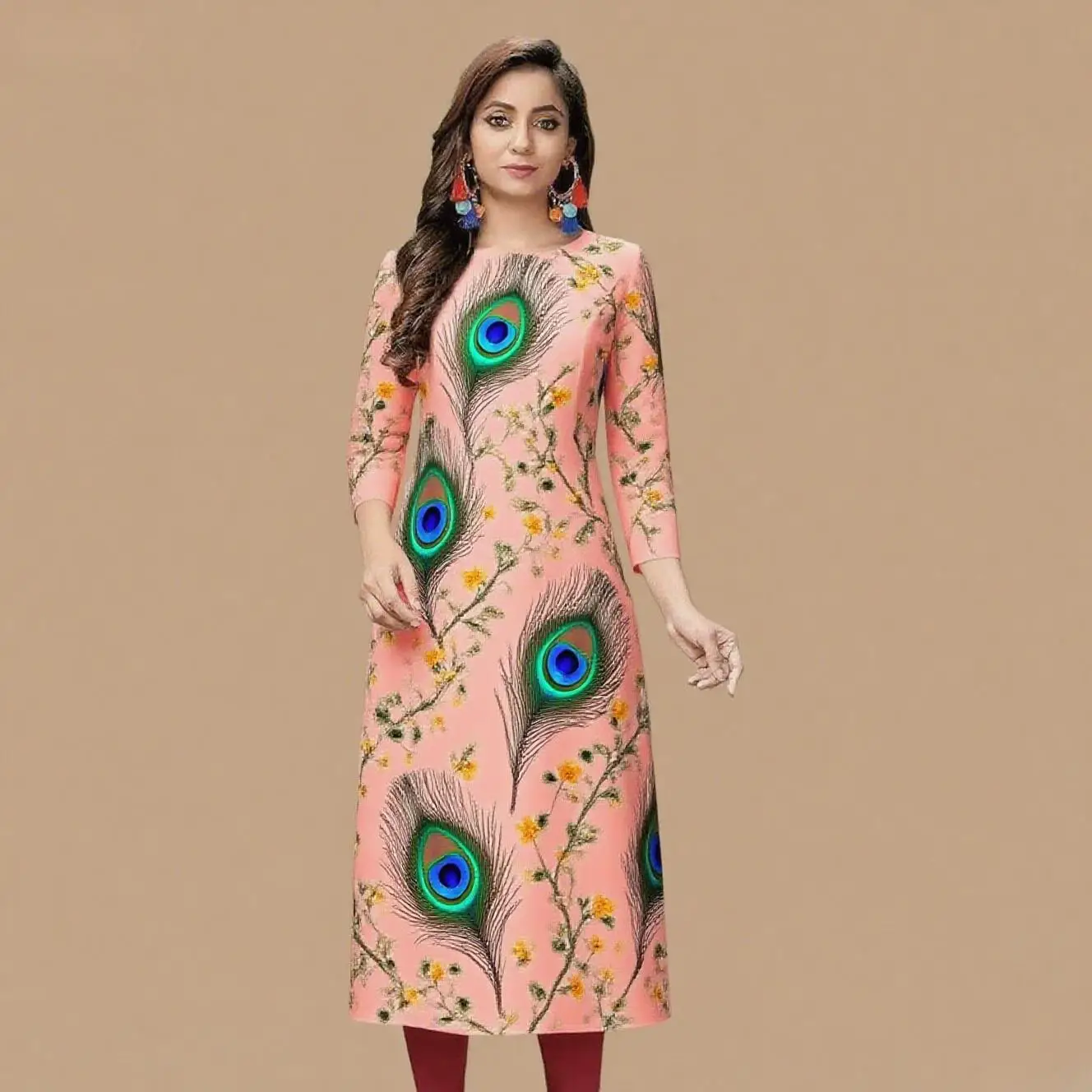 Kurt women's casual fashion dress long sleeved straight tube casual ethnic peacock round neck regular size design sense 2026.