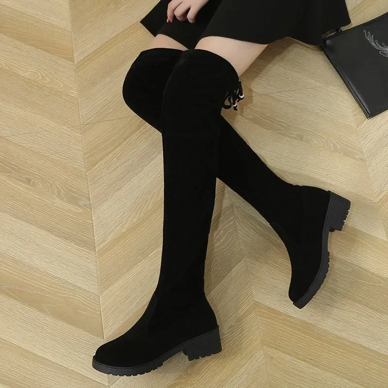 Women\'s Shoes 2024 Brand Rear Lacing Women\'s Boots Fashion Round Toe Dress Boots Women Winter Square Heel Over-the-Knee Boots