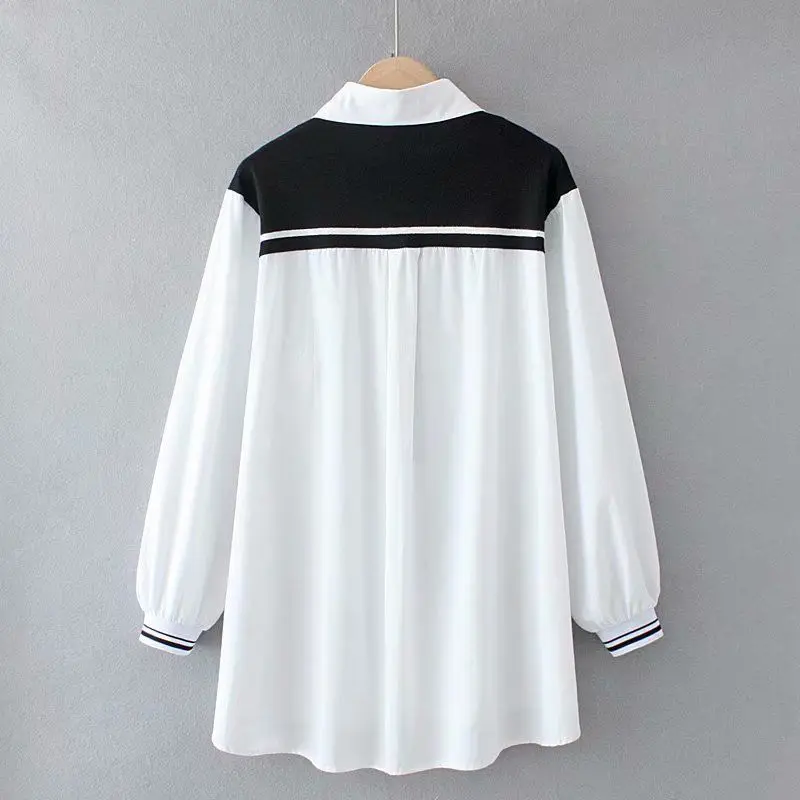 Women Spring New Commute Polo-Neck Fake Two Color Matching Shawl Long Sleeve Loose Casual Look Thin Single Breasted White Shirt