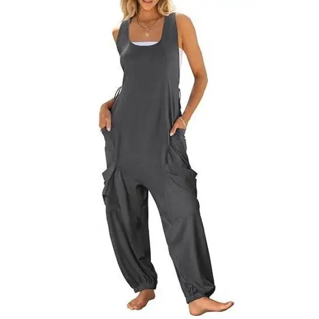 

Women's Casual Loose Harem Pants Jumpsuit with Double Layer kets Svel High Waist Nine Points Polyester Fabric