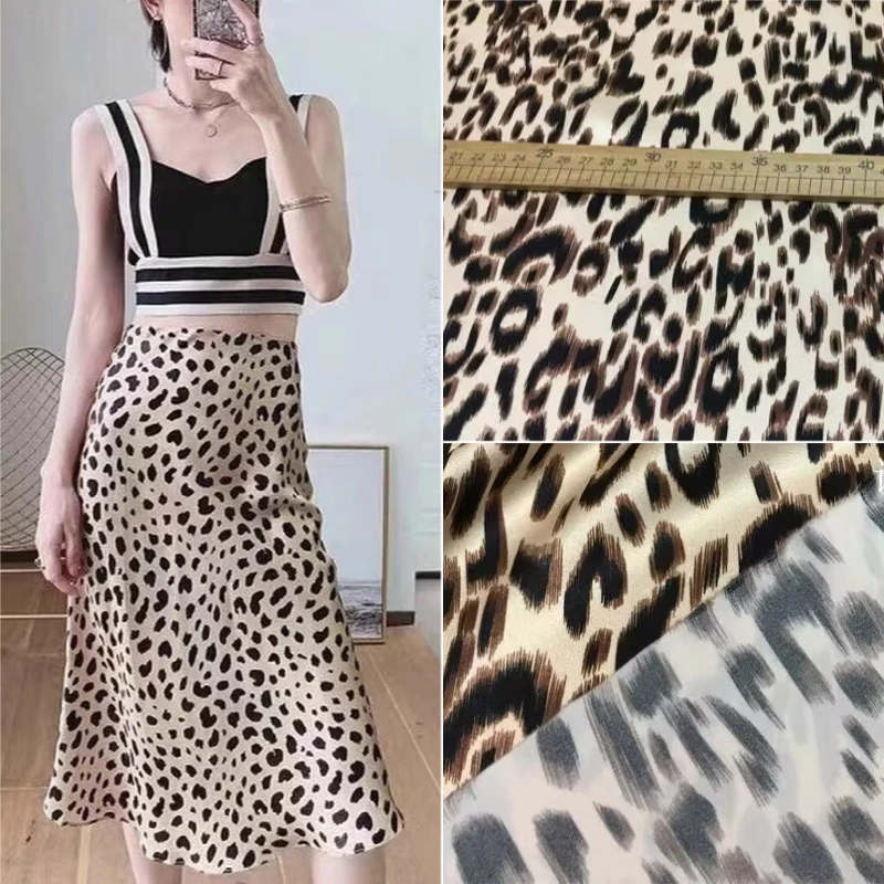 

1meter Light Brown Leopard Print Mulberry Silk Satin Fabric Breathable Soft Shiny Summer DIY Material for Blouse Dress Making