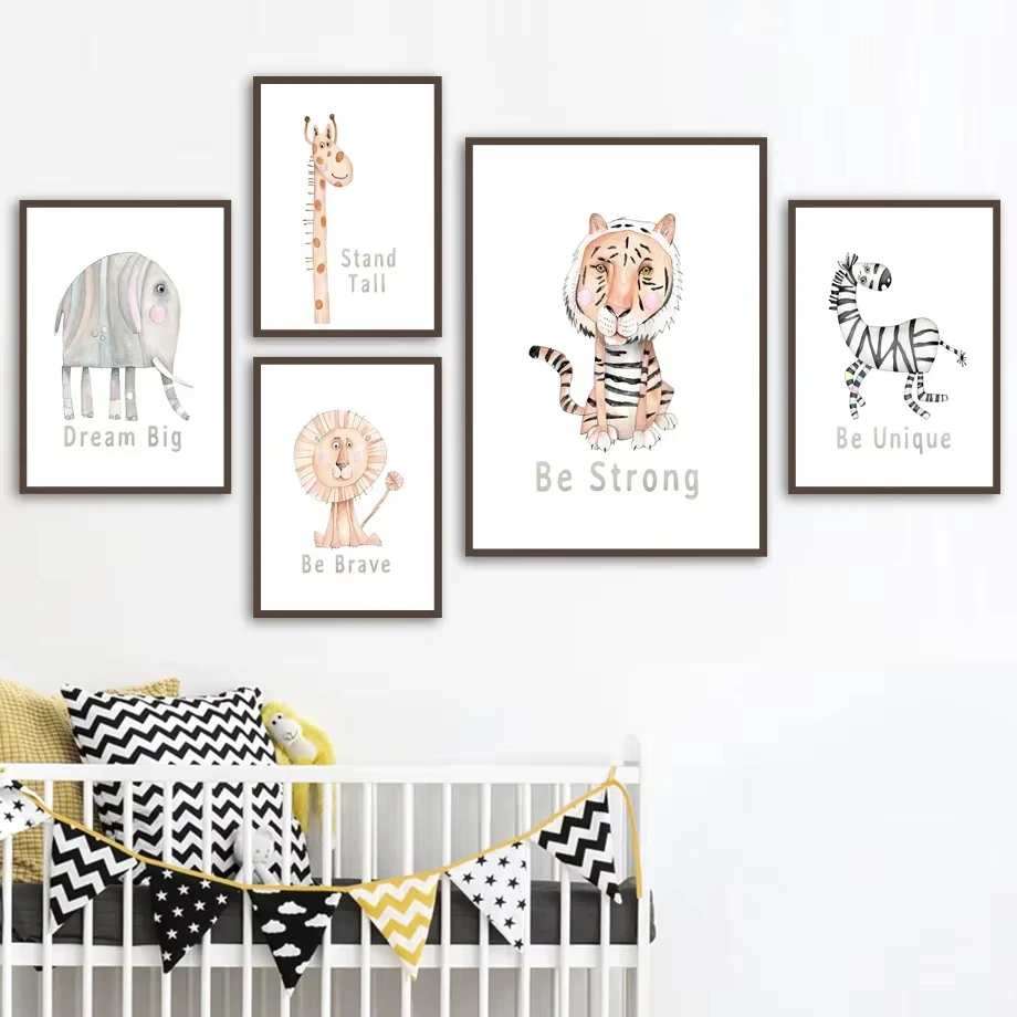 Cartoon Cute Animal Elephant Tiger Zebra Lion Giraffe Wall Art Canvas Painting Nordic Posters and Prints Wall Pictures Kids Room