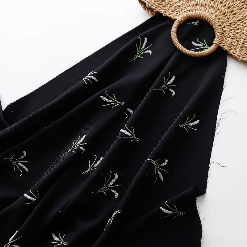 

Retro reed flower embroidered polyester fabric for suit jacket, waistcoat skirt diy black fabric