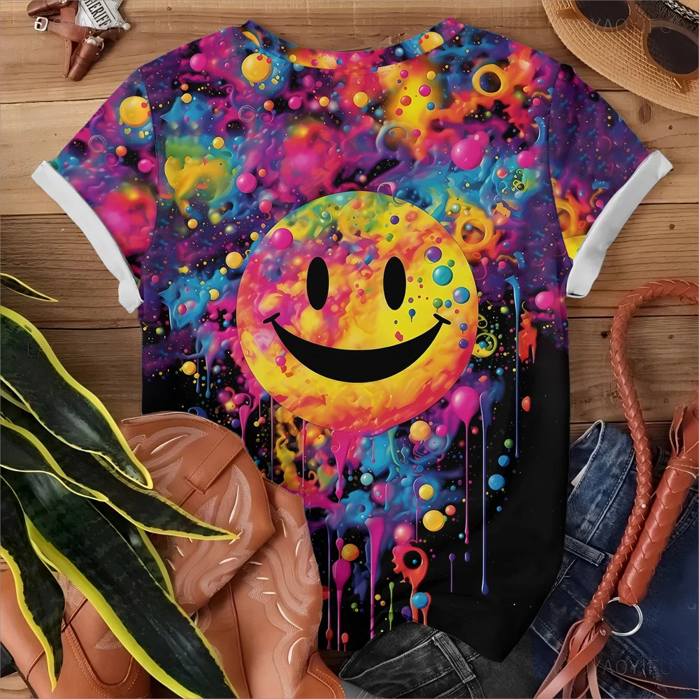 Camiseta con cara sonriente de arcoíris para mujer, con efecto de tinta salpicada, estilo callejero, moda informal, cómoda, manga corta de verano Y2K