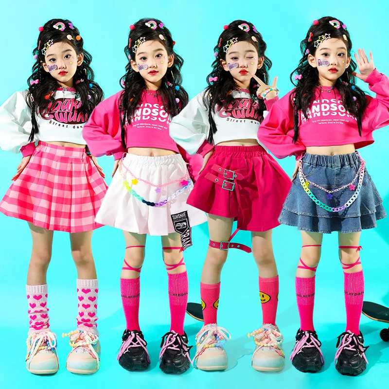 Girls Hip Hop Crop Top Cargo Pants Child Sweatshirt Plaid Skirt Kid Streetwear Jazz Cheerleader Street Dance Costume Clothes Set