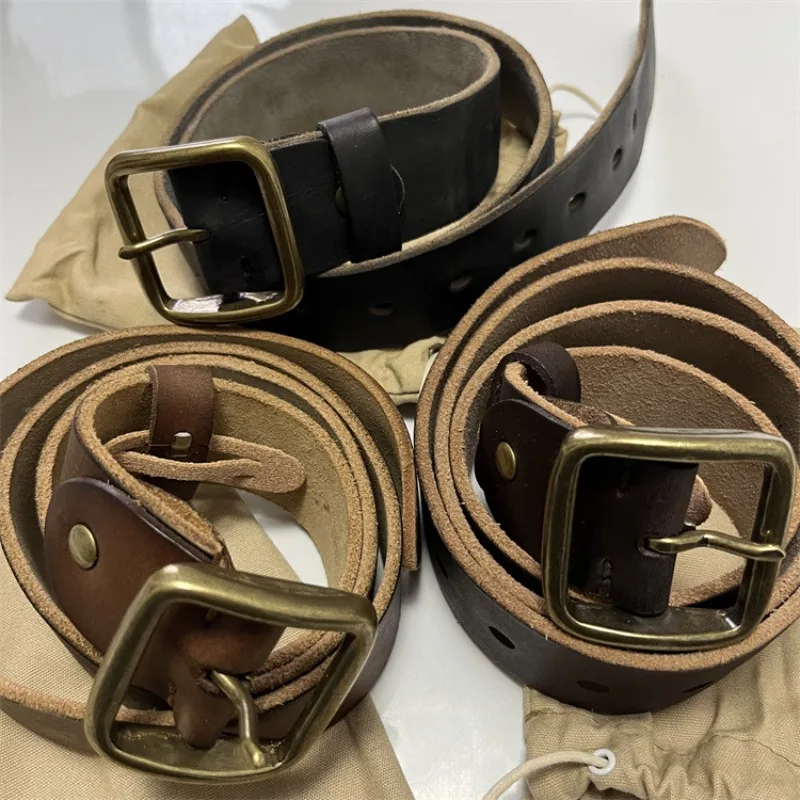 Make Old Waistband American Vintage Handmade Needle Buckle Head Layer Cowhide Copper Buckle Leather Belt Men