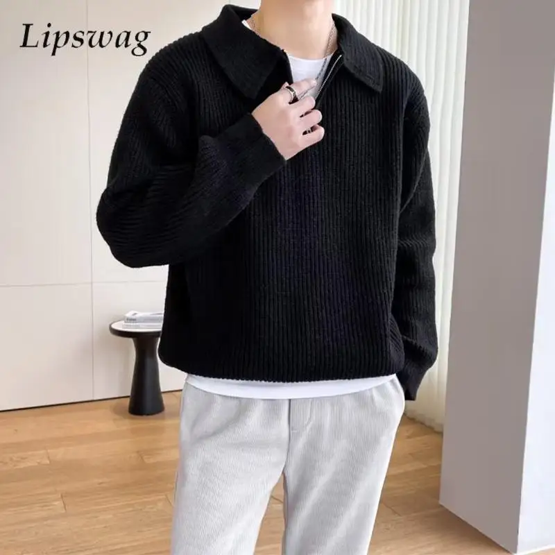 

Повседневный мужской свитер-поло, вязаный однотонный джемпер на молнии с отложным воротником, мужские осенне-зимние стильные вязаные рубашки-поло