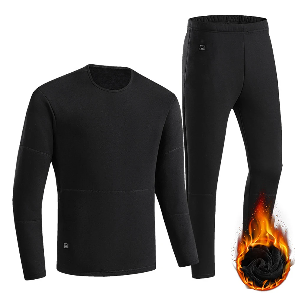 Men's Electric Heating Underwear Set Black L-4XL 22 Heating Zones 5V 7.5W 1028g-1182g 1 Top 1 Pants 8+ Hours Battery Life
