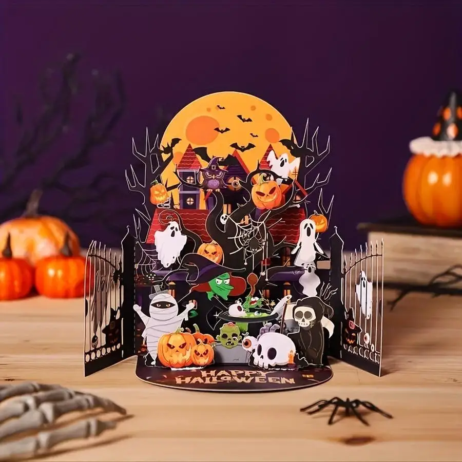 1/5/10/20/50/100pcs Handmade Halloween Pop-Up Card with Witch's House, Jack-o'-Lanterns, Ghosts - Purple & Orange Spooky Party I