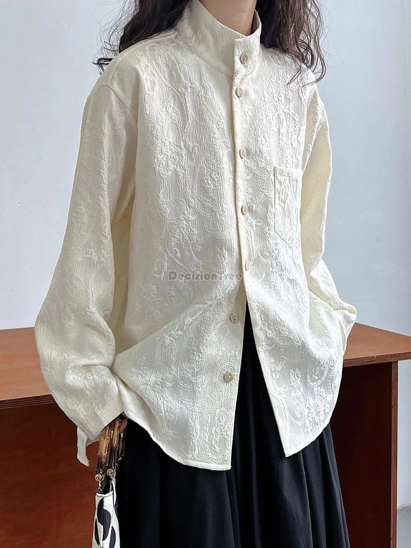 2025 fashion design sense tang suit top chinese style exquisite floral embroidery blouse vintage stand collar button loose top