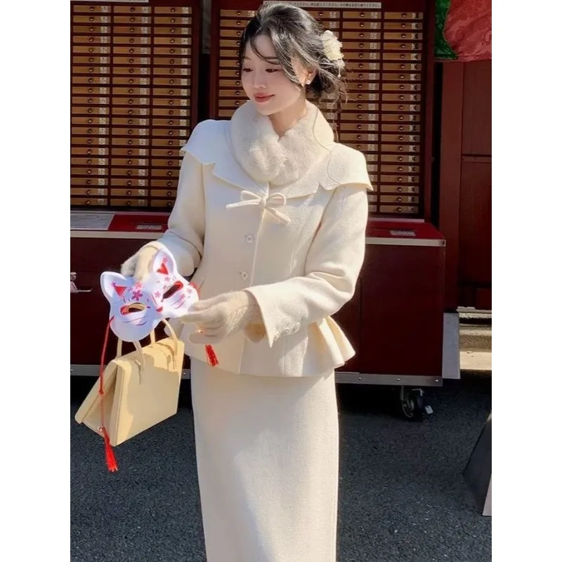 Japanese Korean Autumn Vintage Women Literary Style Sets Fashion Bow Collar Casual High Waisted Half Skirt Temperament 2pcs