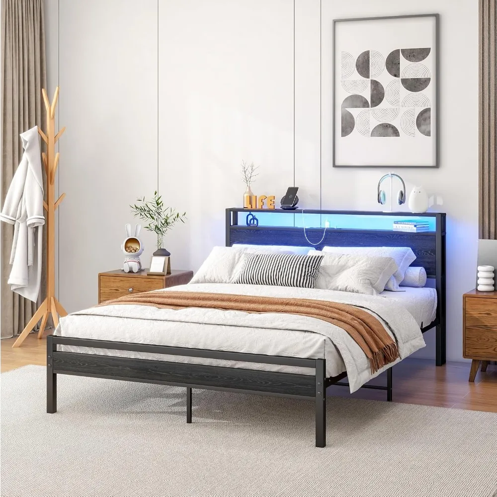 إطار سرير كوين مع لوح أمامي للتخزين/أضواء LED، منصة معدنية مع محطة شحن، لا حاجة إلى صندوق زنبركي، شرائح شديدة التحمل،