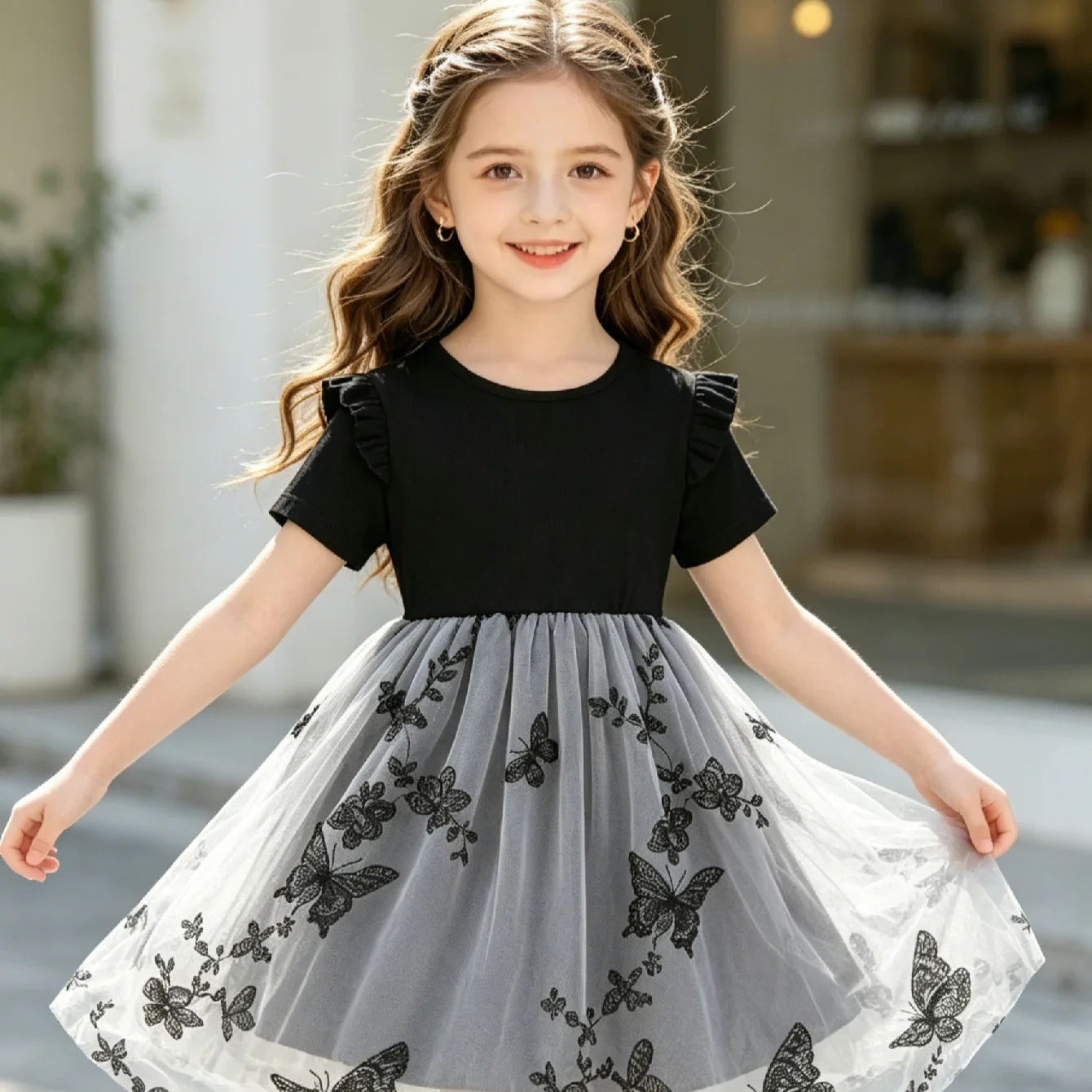 Summer Girls Ribbed Flutter Sleeve Dress Kids Butterfly Embroidery Mesh Tutu Skirt Girls Outer Princess Dress