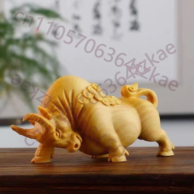 Natural Solid Wood Wealth Fortune Bull Statue Chinese Characteristic Small Statue Cute Home, Room, Office, Car Decoration