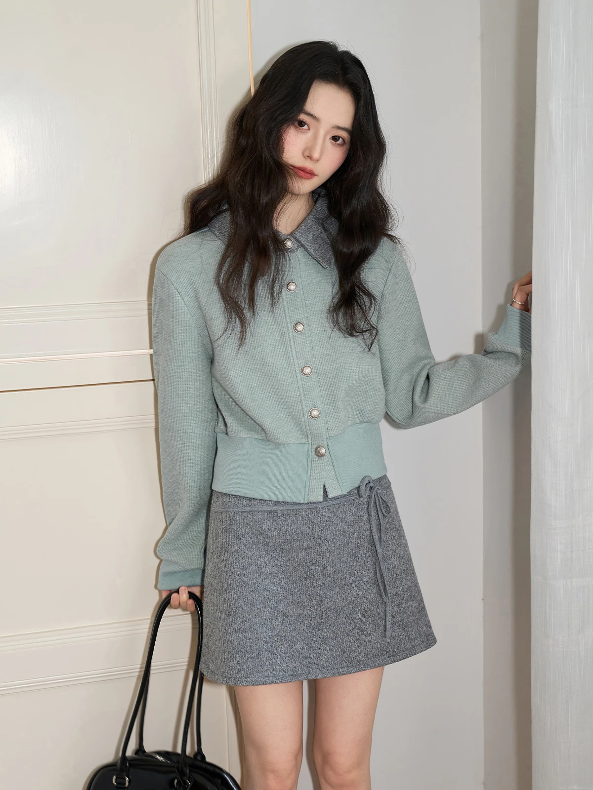 

Spring 2026 Women's een Collar ort Knitted Open Cardigan Slim Fit Flipped Collar Long Sve Regular Length Top