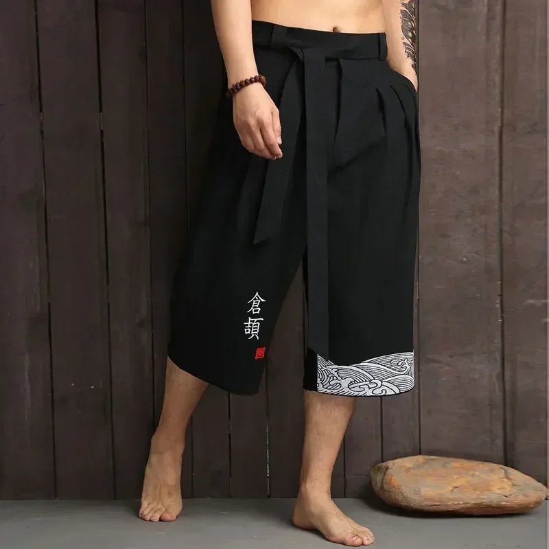 Japońskie kimono Tradycyjne spodnie Mężczyźni Odzież azjatycka Spodnie kąpielowe Casual Loose Men Japan Style Yukata Spodnie Lniane przycięte szorty