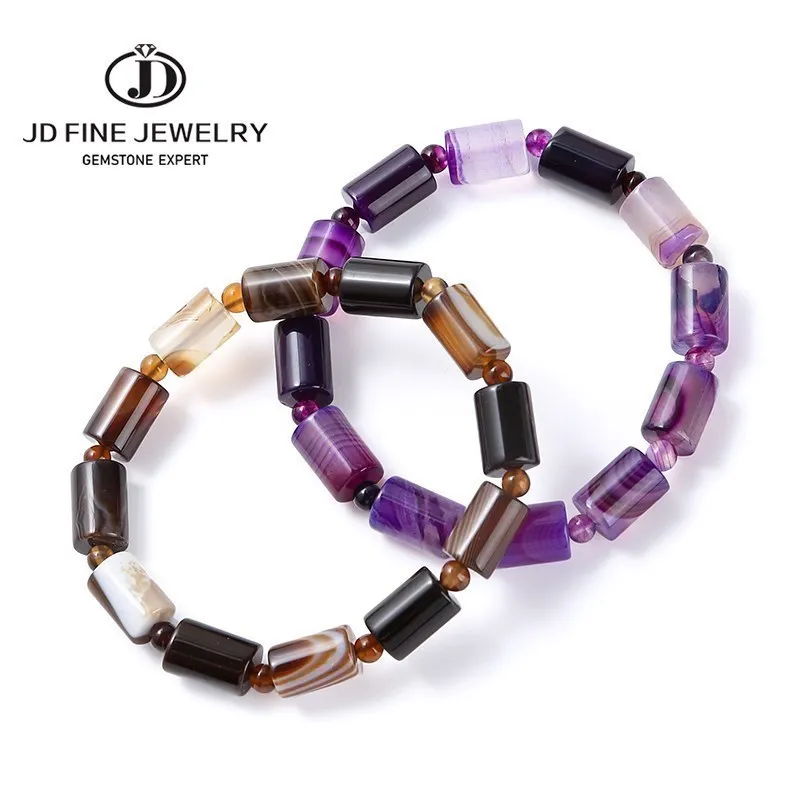 JD 8*12mm braccialetti a forma di tubo di agata a righe caffè naturale donne eleganti regali di gioielli di preghiera del rosario del barilotto del Buddha tibetano