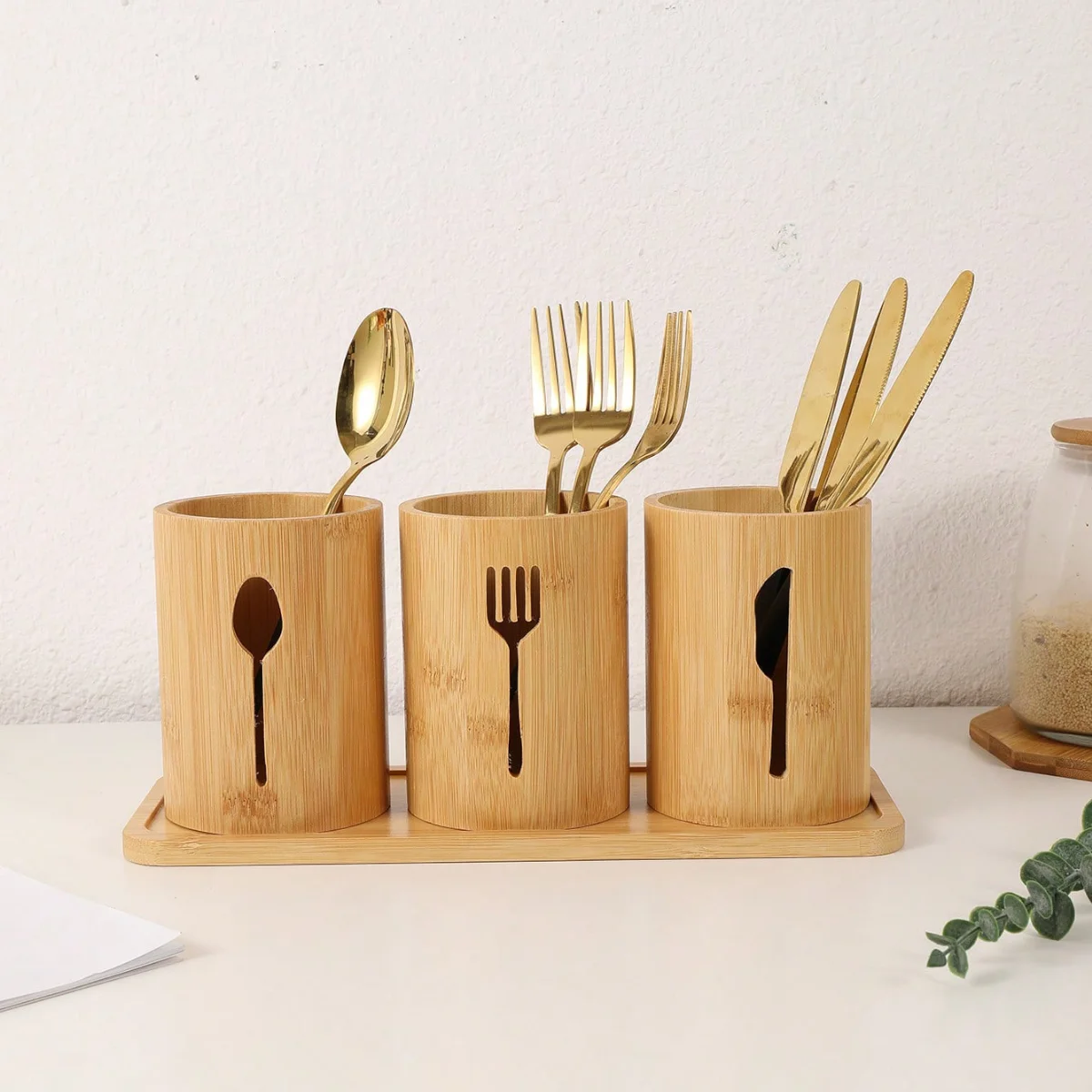 4Pcs/1Pc Set of Four-Piece Cutlery Storage Containers with Bamboo Tray Base, Three Kitchen Utensil Storage Containers Can Be Purchased Separately