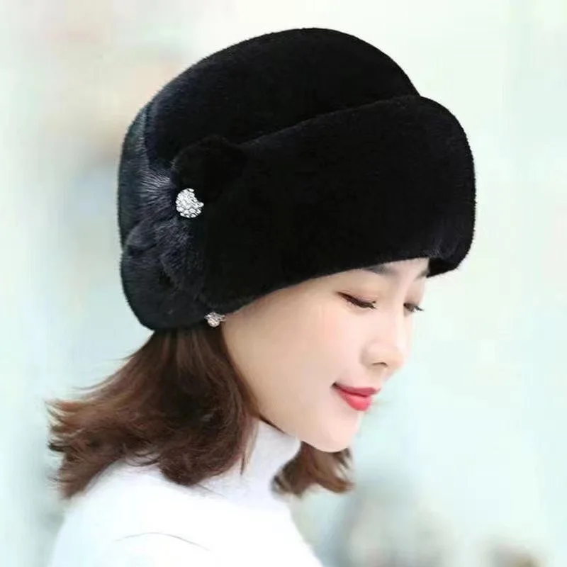 New Mom Style Hat Women\'s Winter Artificial Mink Hair Top Hat Fashion Leather Warm Hat Middle-Aged and Elderly Fur Bag Cap Trend