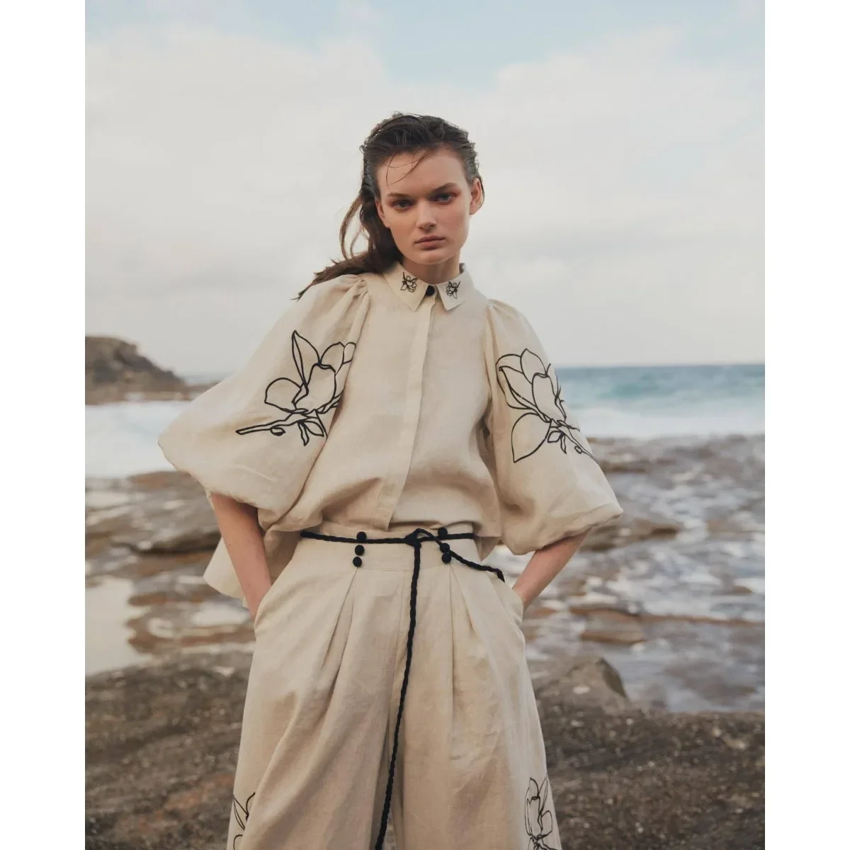 팝 럭셔리 디자인 코튼 투피스 세트 여성 의상 셔츠 하이 웨이스트 와이드 레그 팬츠 빈티지 하라주쿠 슈트 Office Lady High-end