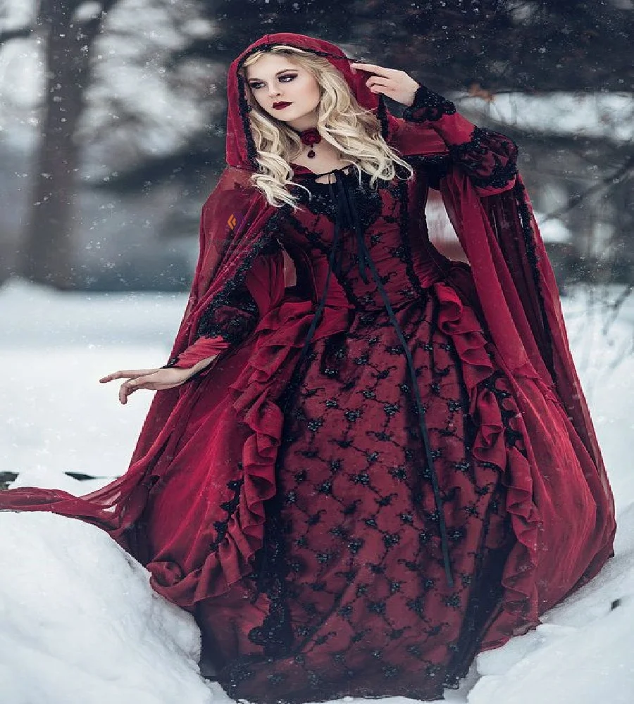 Medieval Inspired Gothic Wedding Dress Dark Red With Black Lace Celtic Victorian Renaissance Bridal Gown Steampunk Customized