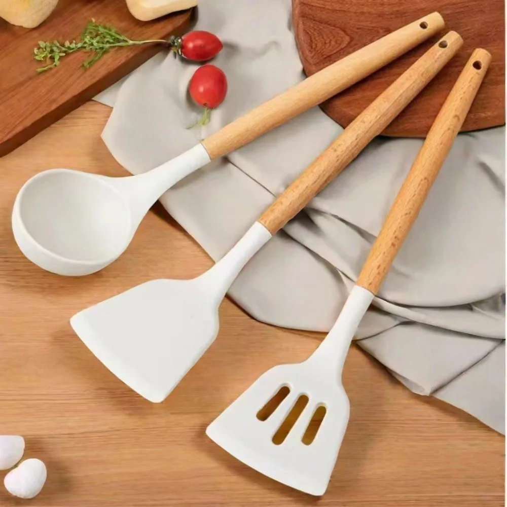 

3Pcs/set Non-Stick Silicone Spoon Shove Heat Resistant Non-slip Cooking Turner Spatula Colander Anti-scalding Wooden Handle