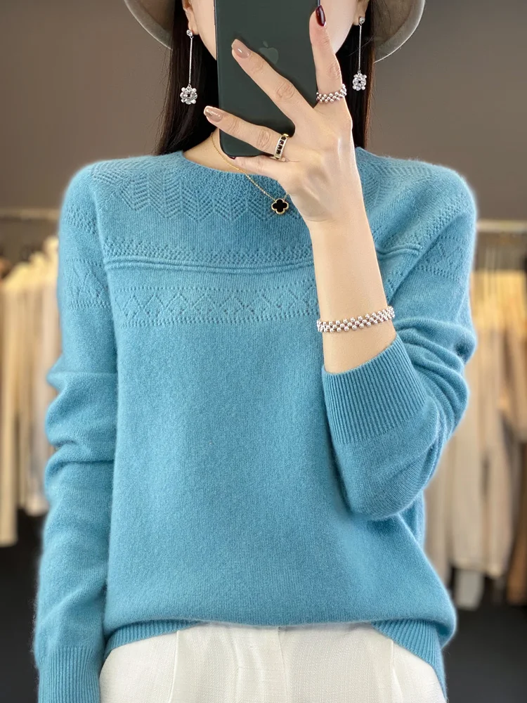 Autumn Winter Women Wool Sweater 100% Merino Wool Pullovers O-neck Hollow Long Sleeves Female Casual Cashmere Knitwear Korean