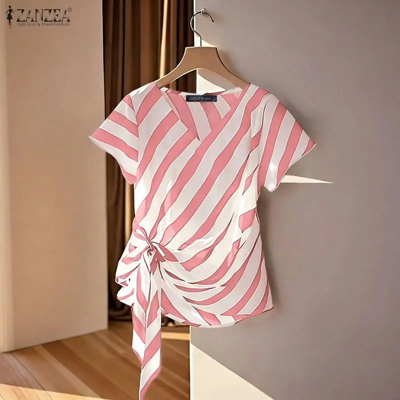 ZANZEA 우아한 여성 섹시한 브이넥 블라우스 반소매 스트라이프 셔츠 여름 밴디지 레이스업 캐주얼 OL 탑 러플 소매 블라우스
