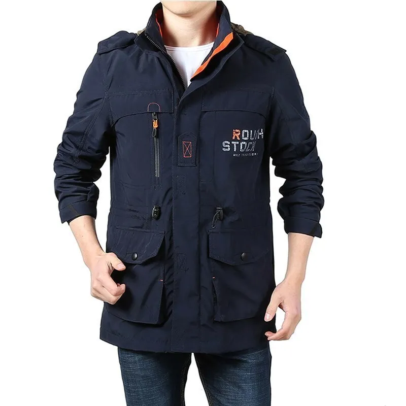 Outdoor Waterproof Jacket Men's Fall Hunting Detachable Hat Soft-shell Coat Plus Size Medium Long Pocket Breathable Windbreaker