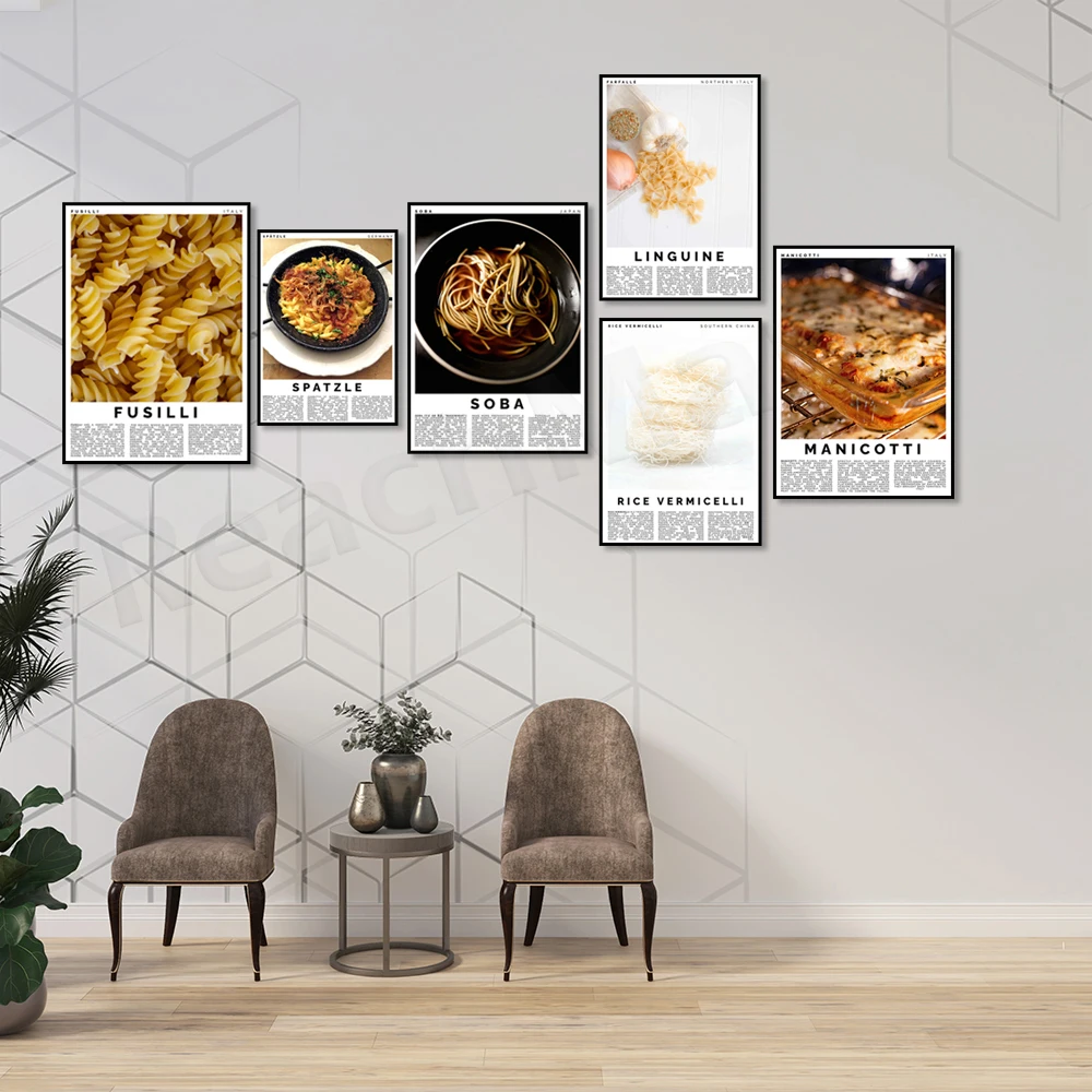 Pasta poster, soba noodles, lasagna, udon noodles, rice noodles, linguine, cannelloni, cooking poster, kitchen art decoration