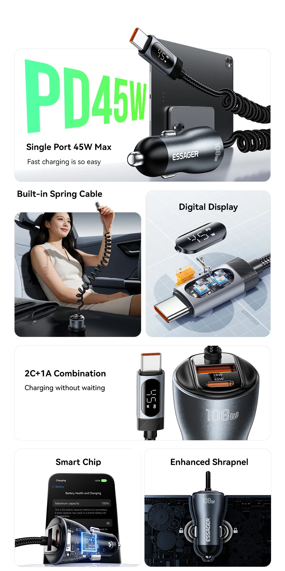 Essager 108W Car Charger with USB-C & USB-A Ports PD QC4.0 Fast Charging Digital Display Spring Cable for iPhone 17 pro MacBook