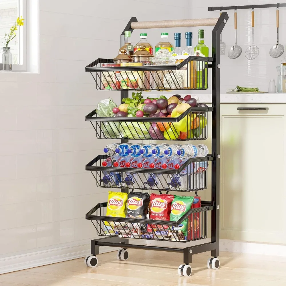 Wheel Snack Cart, 4-storey Adjustable Fruit Rack, Metal Wire Storage Cart, Rolling Food Storage Room, Practical Kitchen Cart