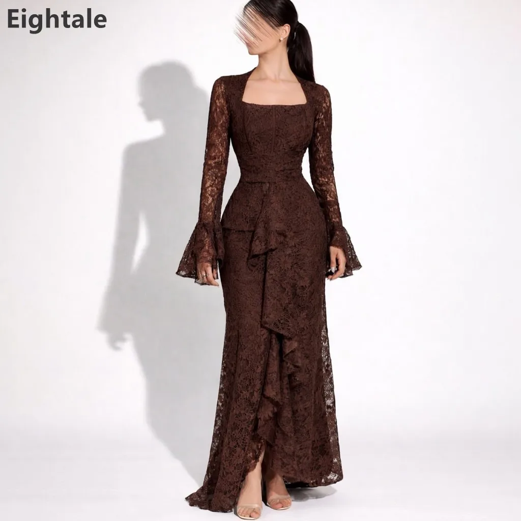 Eightale Brown Lace Mermaid Maxi Evening Dress Square Neck Long Sleeve Wedding Party Formal Prom Dubai Party Gown Customized