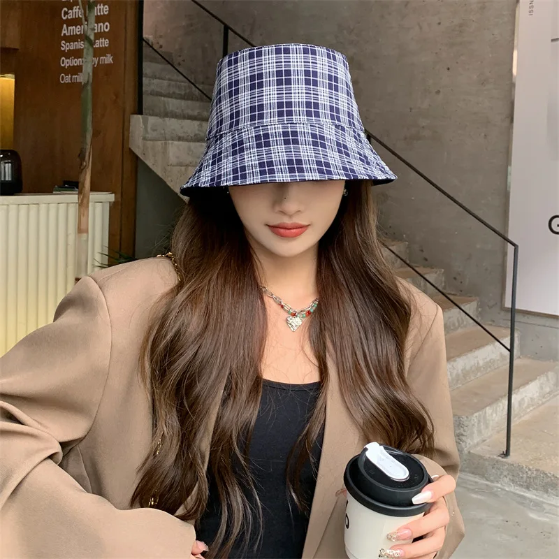 Double-sided Plaid Fisherman Hat Ladies Spring Summer Retro Simple Hat