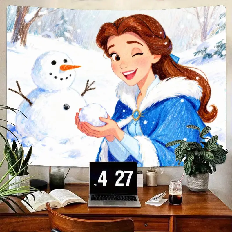 

1 шт., зимний гобелен со снеговиком Disney Princess Belle, милый кавайный настенный художественный декор для девочек, спальня, гостиная, праздничный подарок