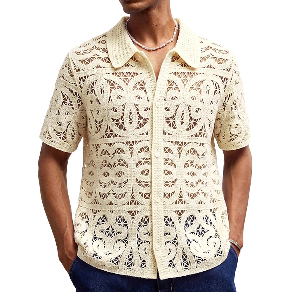 2026 Summer New Men's Hollow-Out Short-Sleeve Shirt American Retro Fashion Trendy Street Loose Casual Breathable Men's Top