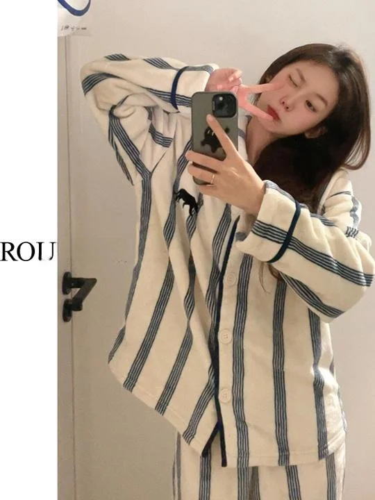 

Ins Advanced Stripe Flannel Spwear Women Winter Thiened Warm Long Sve Long Pants Home Clothes Set Fce Lined Flanne...