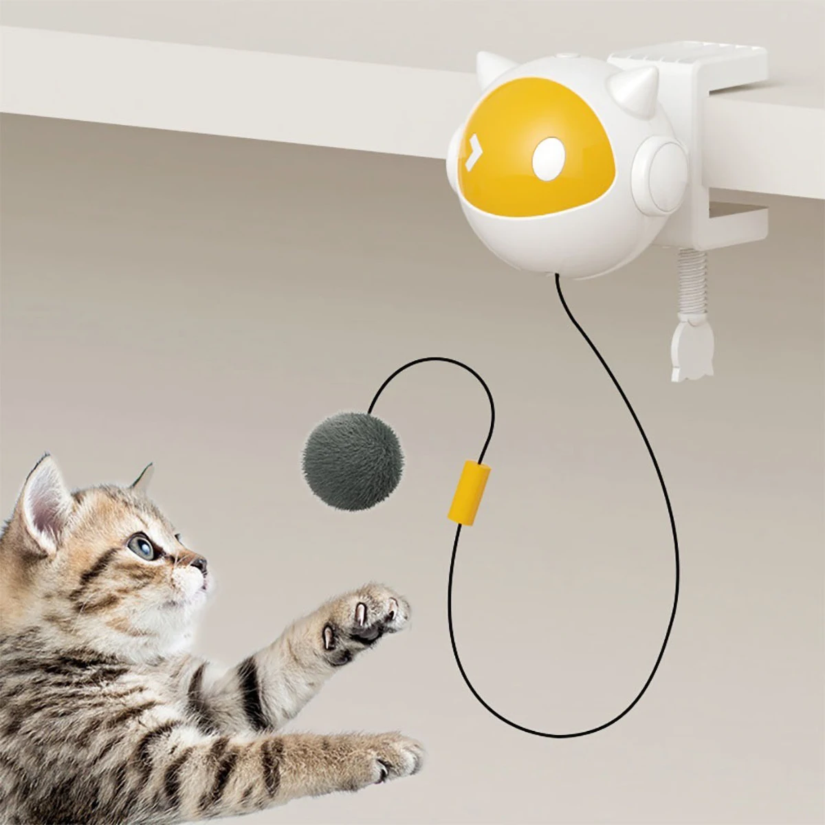 White Electric Cat Toy with Replaceable Hair Ball, Clip-on for 1 - 4m Desktop, Powered by 2AAA Batteries