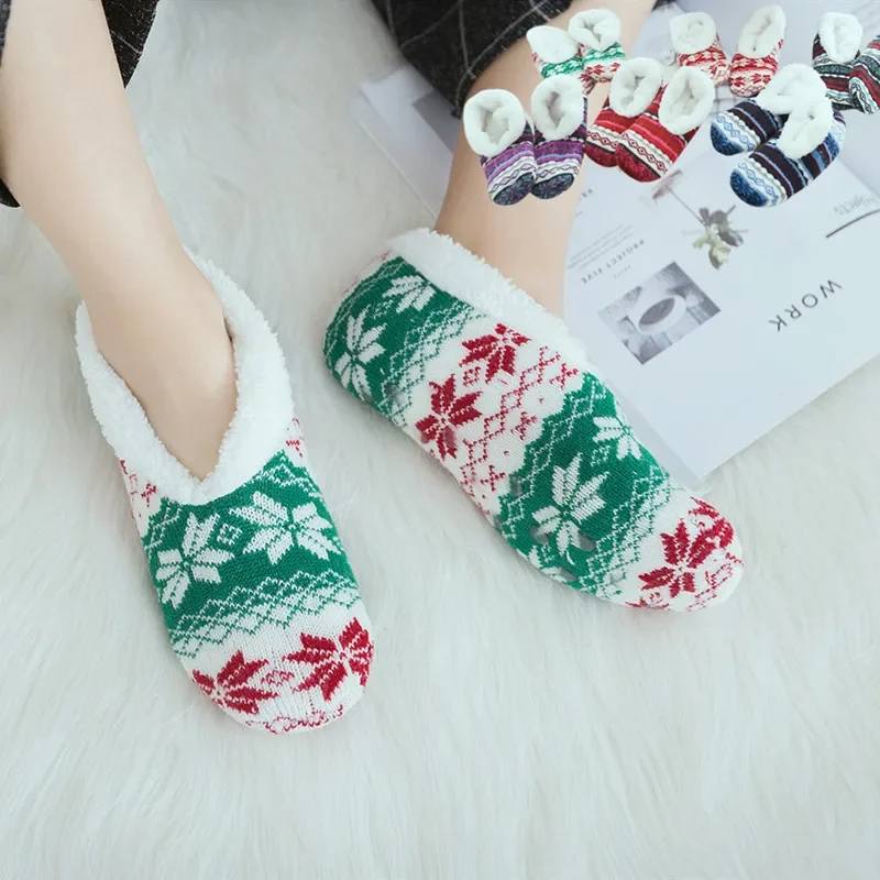 Winter Women Knitted Socks Thicked Plush Warm Floor Slippers Socks Woman Low Cut Indoor Shoes Anti Skid Grip Sole Home Sock