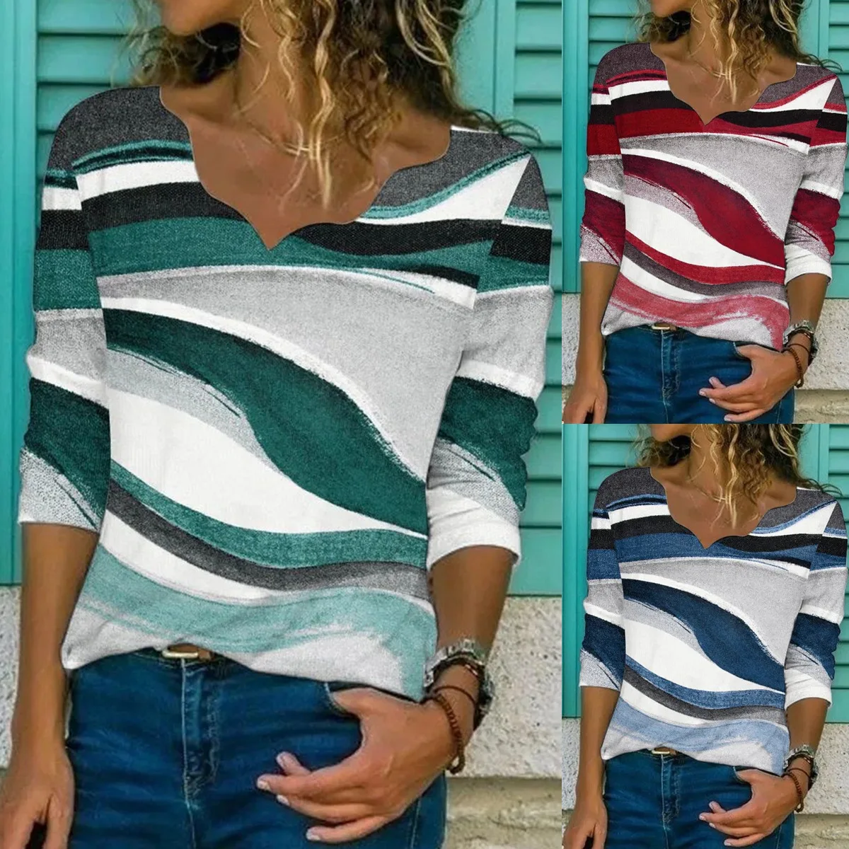 

Autumn 2023 Women's New Drape Print Loose V-Neck T-shirt Top Women Spring Female and Lady Fashion Tops Shirts