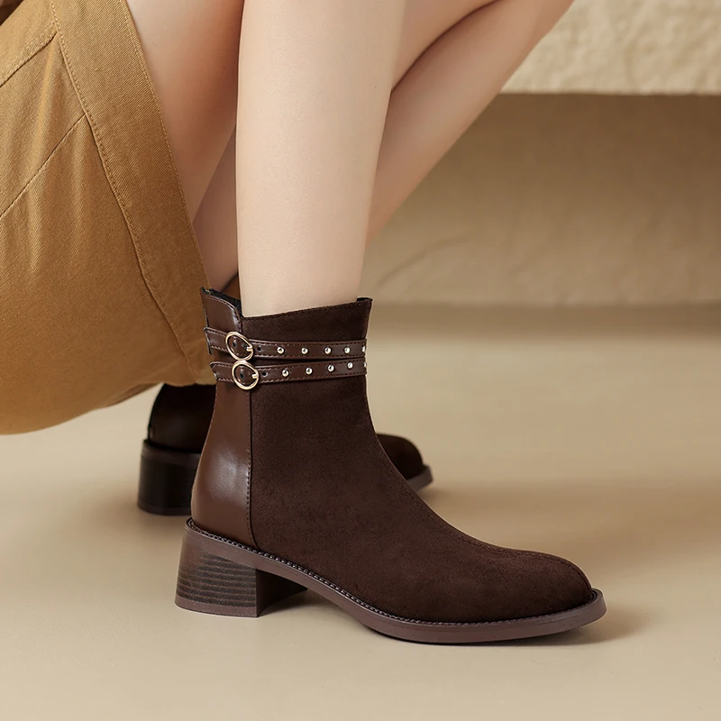 

French Retro Fashion Women's Boots Suede Material Calf Height Round Toe Square Heel Comfortable Mid-heel Zipper Belt Buckle