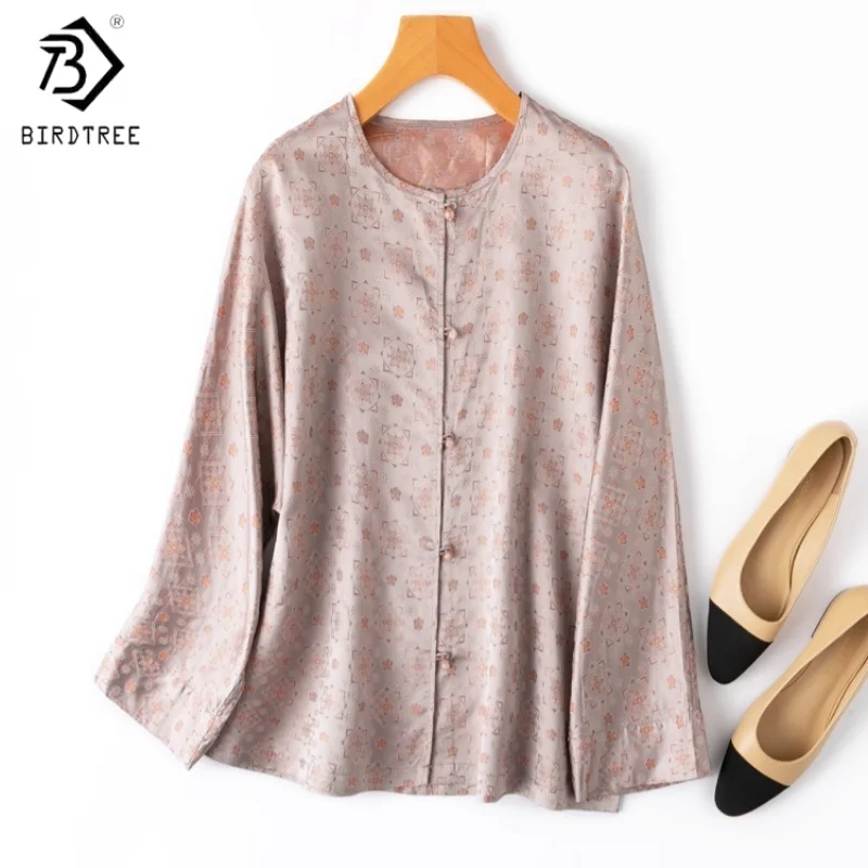 

Birdtree,100% Mulberry Silk Jacquard Blouse,Women Song Brocade Pink Shirt,Single Breasted Tops,Chinese-style,2025 New T5D436JF