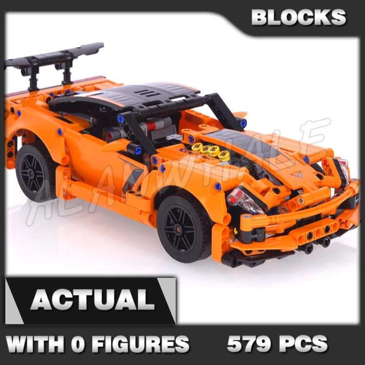 579pcs 2in1 Technical ZR1 Orange Super Racing Car Rear Wing V8 Engine Hot Rod 11299 Building Block toy Compatible with Model