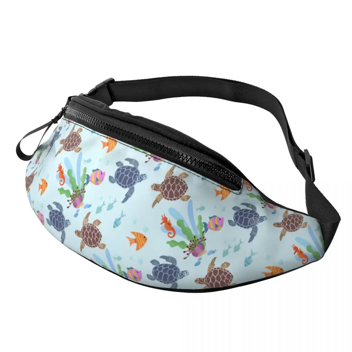 Ocean World-Sac banane à bandoulière pour homme et femme, tortues, poisson, hippocampe, vie marine, cyclisme, camping, téléphone, poudres d'argent