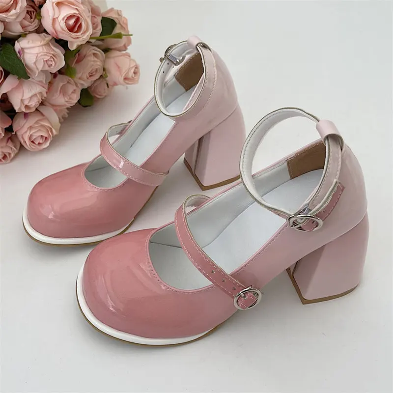 Ankle Buckle Platform Mary Janes 2024 New Comcise pink gray High Heel Pumps Woman Elegant Round Toe Square Heels Party Shoes