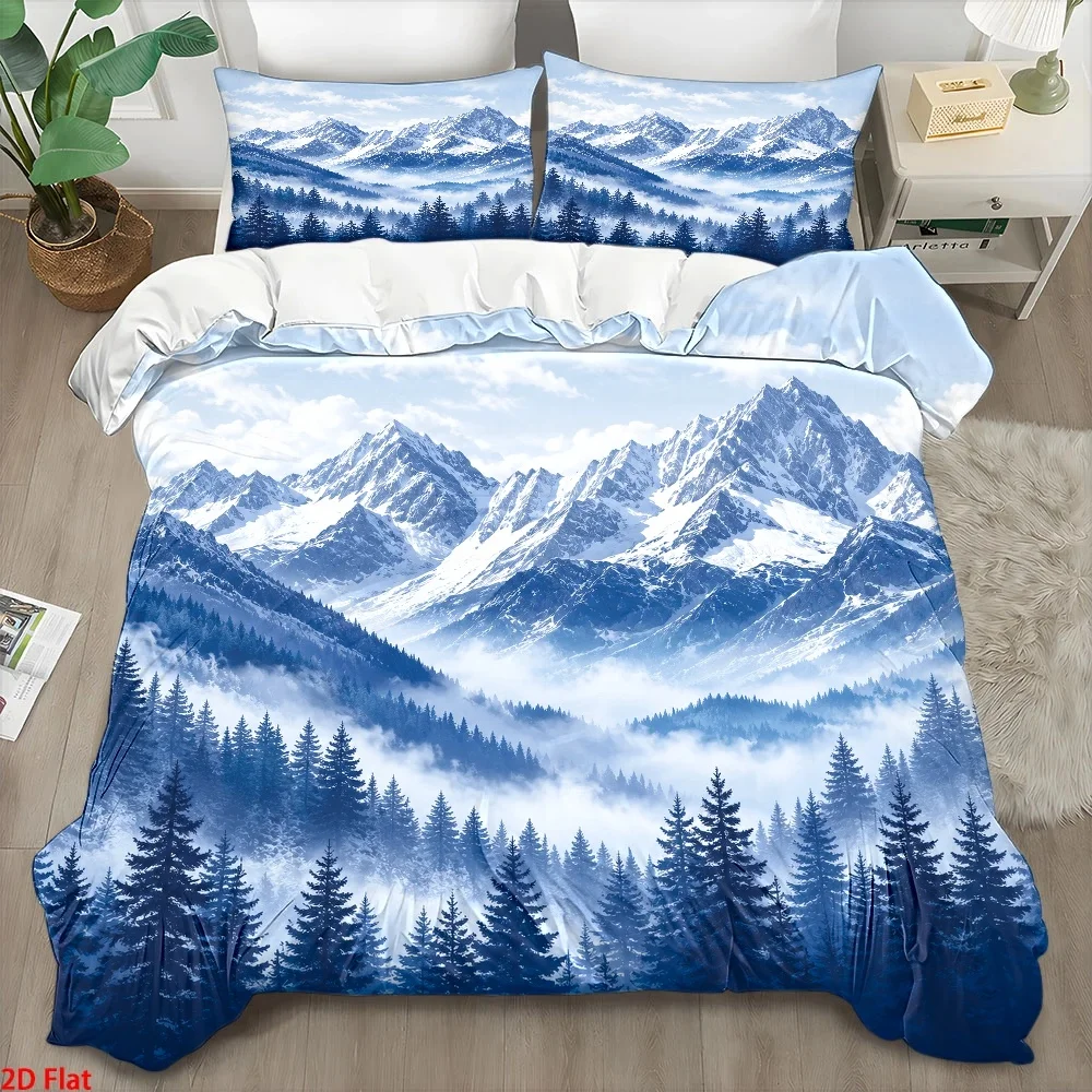 3Pc Nordic Style Duvet Cover Set, Three-Piece Bed Set (1*Duvet Cover + 2*Pillowcases), All-Season Double Bedding, Skin-Friendly Breathable Polyester Woven Bedding, Quilted Duvet Cover with Invisible Zipper, Soft and Comfortable, Wrinkle-Resistant, Easy to Clean, Modern Minimalist Light Luxury Bedroom Decor, Machine Washable and Durable Dormitory Bedding, Suitable for Home Master Bedroom, Guest Room, Student Dormitory, Printed Cloud, Mist, Snow Mountain, Forest Pattern Bedspread Set, Large Double Bed Cover